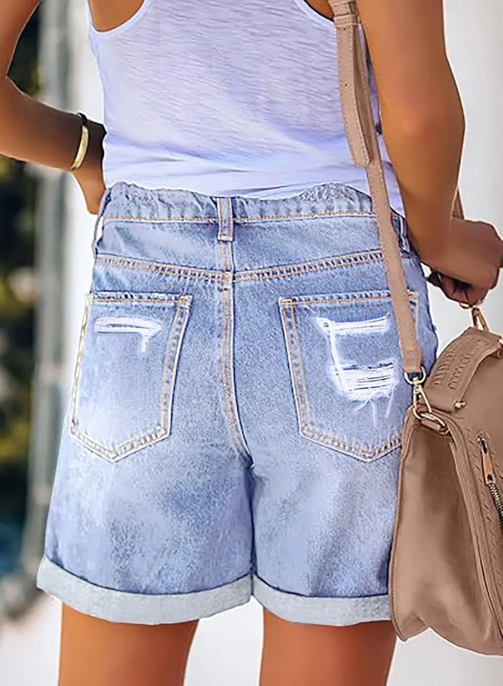 Necooer Women Jean Shorts Ripped Casual Summer Fashion Stretchy Classic Folded Hem Denim Shorts