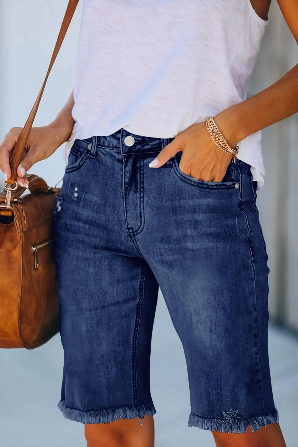 Necooer Women Jean Shorts Ripped Casual Summer Mid Waist Stretchy Five Points Denim Jean Shorts