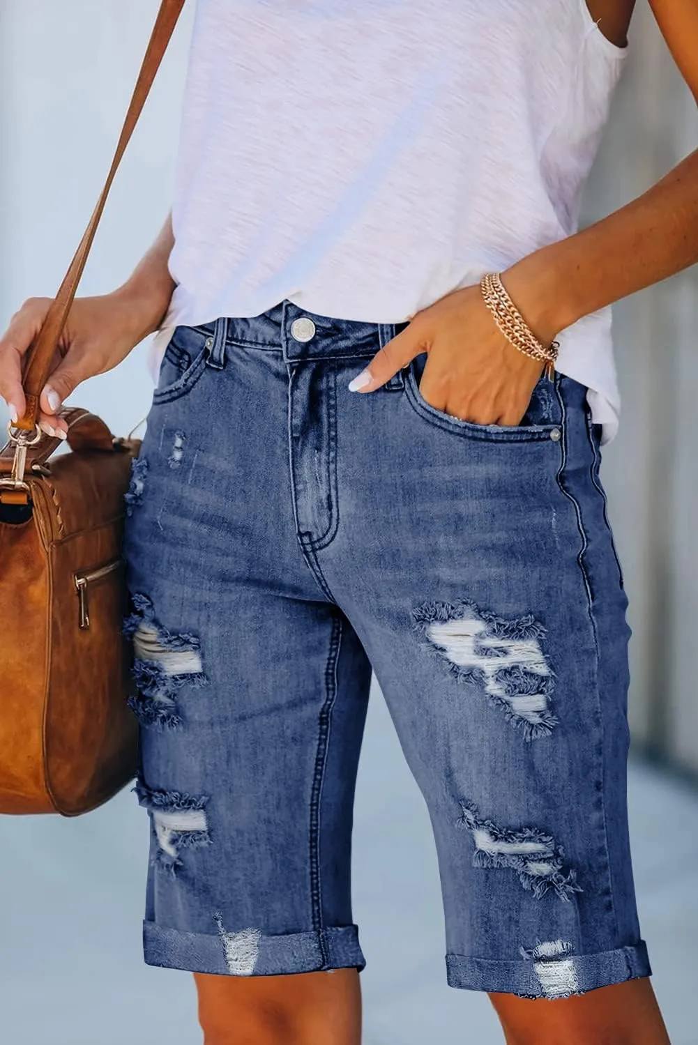Necooer Women Jean Shorts Ripped Casual Summer Mid Waist Stretchy Five Points Denim Jean Shorts
