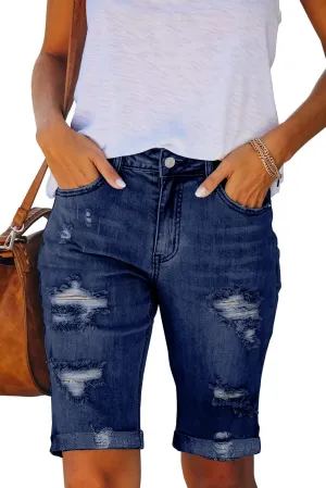 Necooer Women Jean Shorts Ripped Casual Summer Mid Waist Stretchy Five Points Denim Jean Shorts