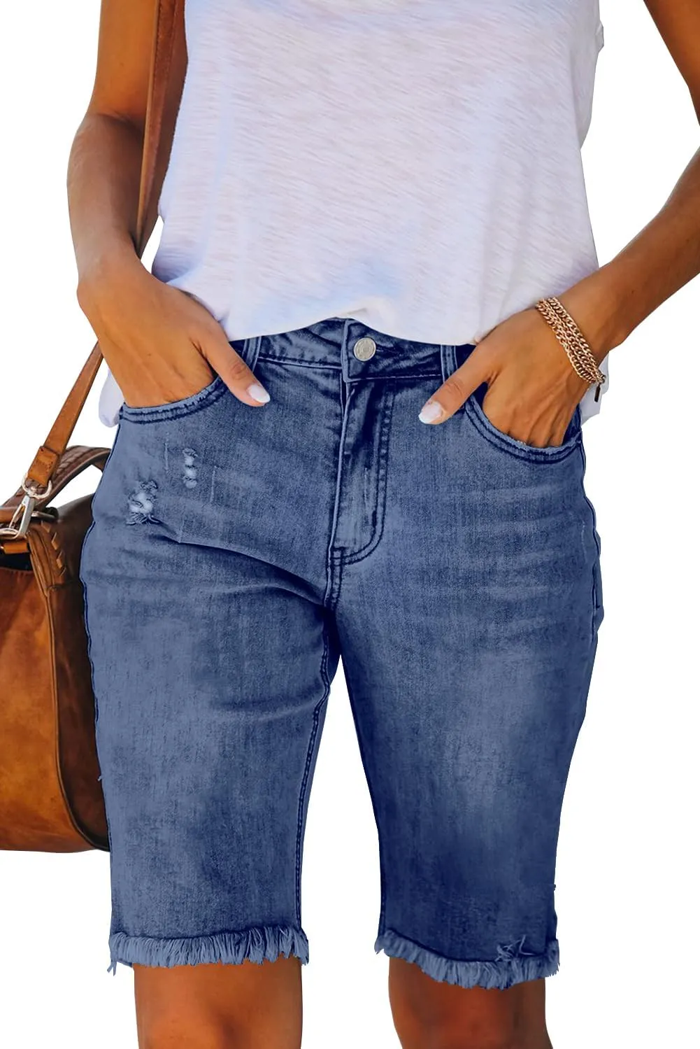 Necooer Women Jean Shorts Ripped Casual Summer Mid Waist Stretchy Five Points Denim Jean Shorts