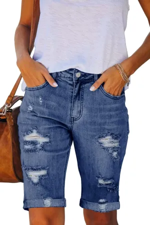 Necooer Women Jean Shorts Ripped Casual Summer Mid Waist Stretchy Five Points Denim Jean Shorts