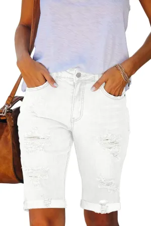 Necooer Women Jean Shorts Ripped Casual Summer Mid Waist Stretchy Five Points Denim Jean Shorts