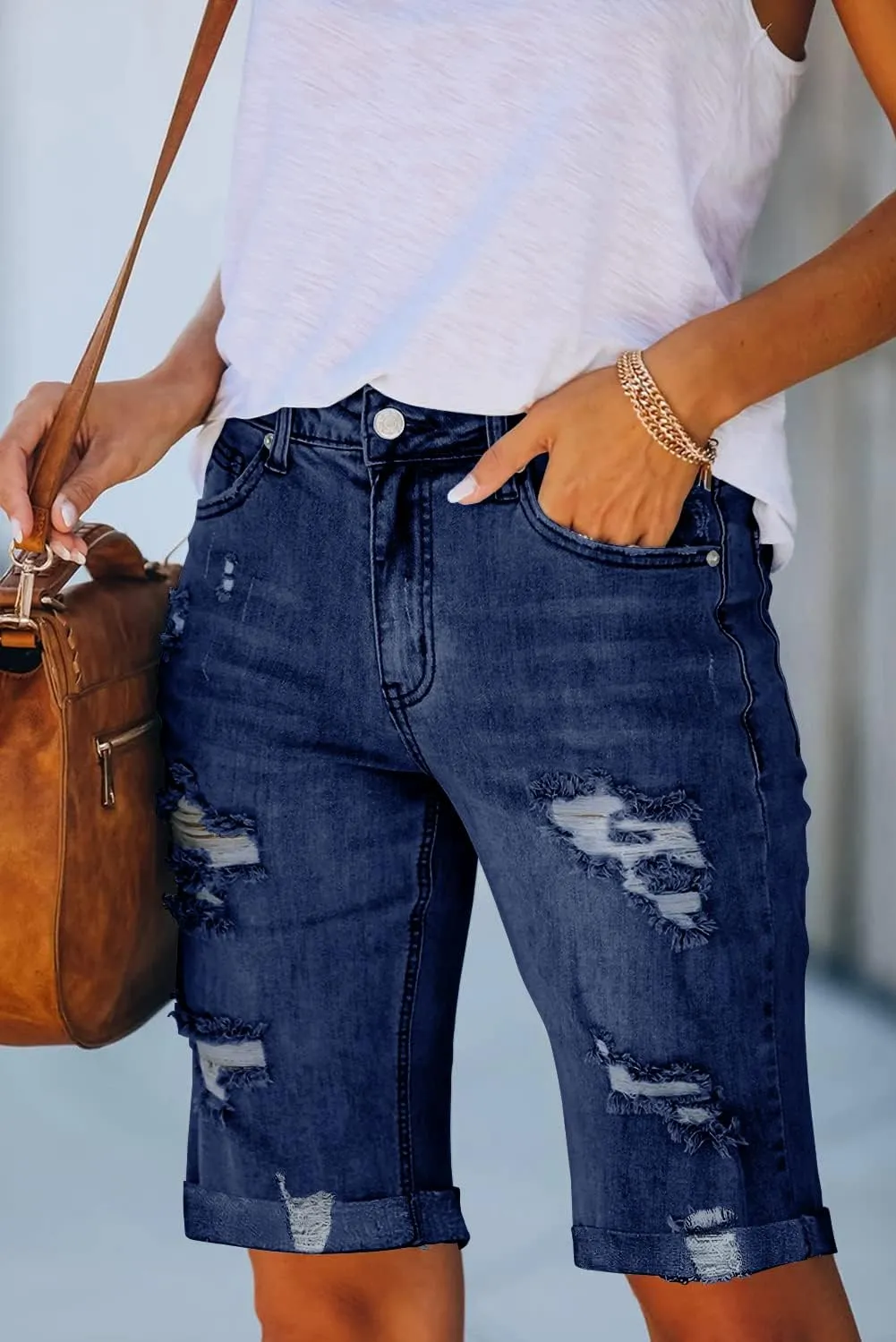Necooer Women Jean Shorts Ripped Casual Summer Mid Waist Stretchy Five Points Denim Jean Shorts