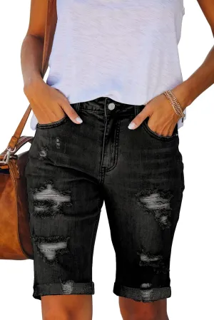 Necooer Women Jean Shorts Ripped Casual Summer Mid Waist Stretchy Five Points Denim Jean Shorts