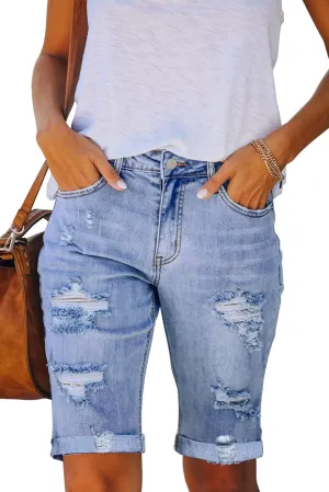 Necooer Women Jean Shorts Ripped Casual Summer Mid Waist Stretchy Five Points Denim Jean Shorts