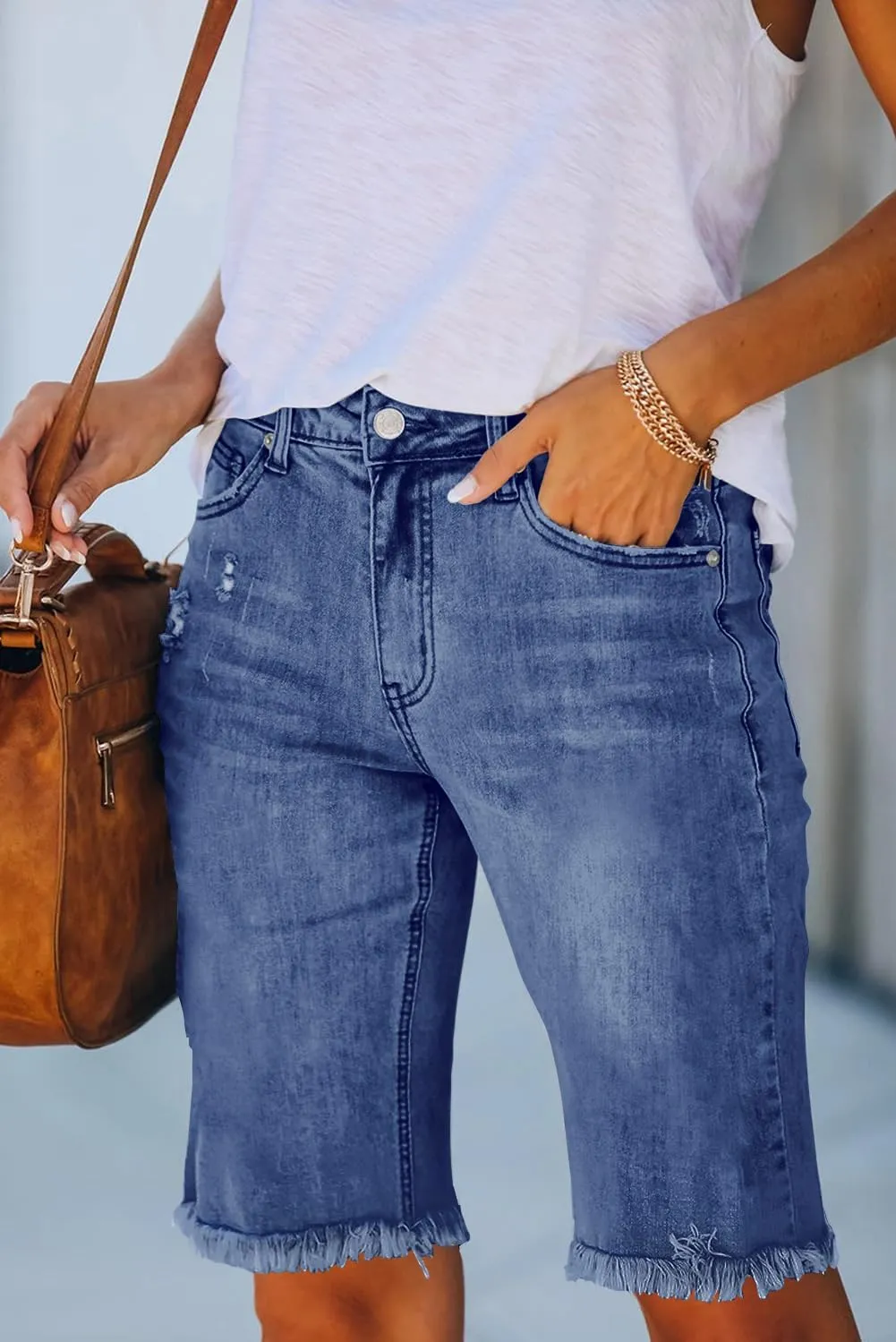 Necooer Women Jean Shorts Ripped Casual Summer Mid Waist Stretchy Five Points Denim Jean Shorts