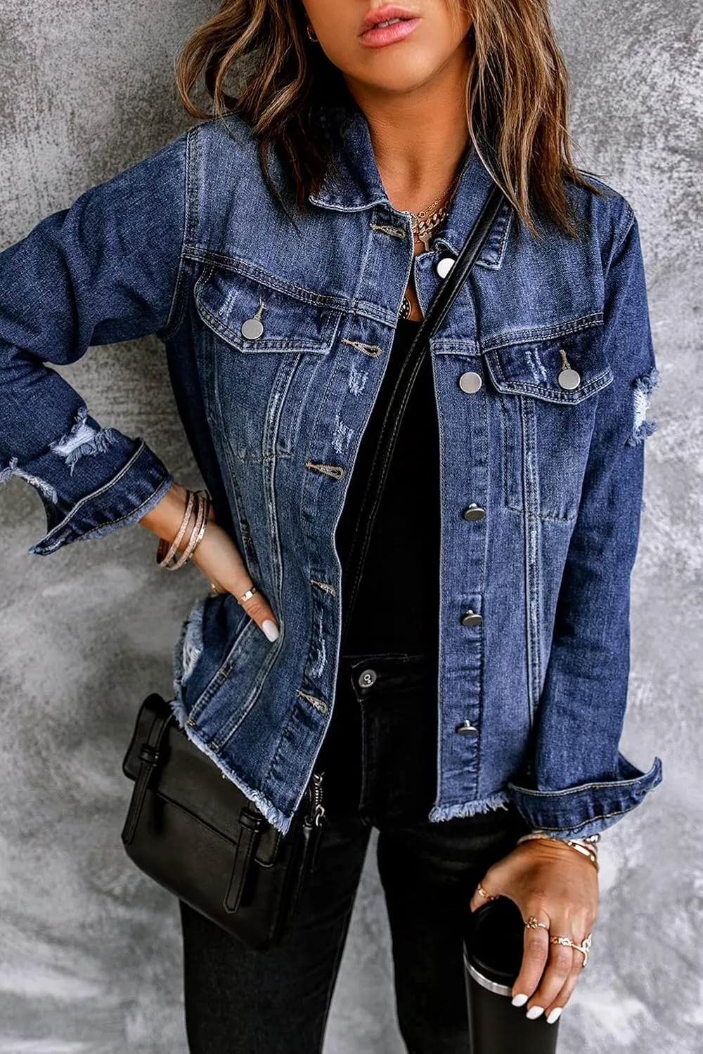 Necooer Women's Jean Jacket Distressed Washed Button Up Boyfriend Denim Jacket Coat With Pockets