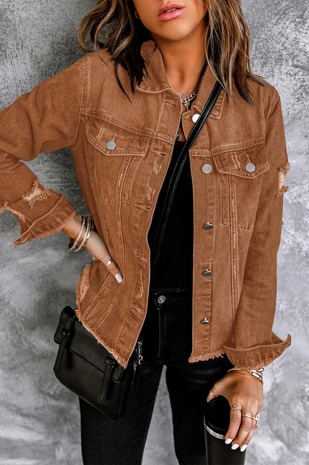 Necooer Women's Jean Jacket Distressed Washed Button Up Boyfriend Denim Jacket Coat With Pockets