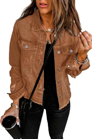 Necooer Women's Jean Jacket Distressed Washed Button Up Boyfriend Denim Jacket Coat With Pockets
