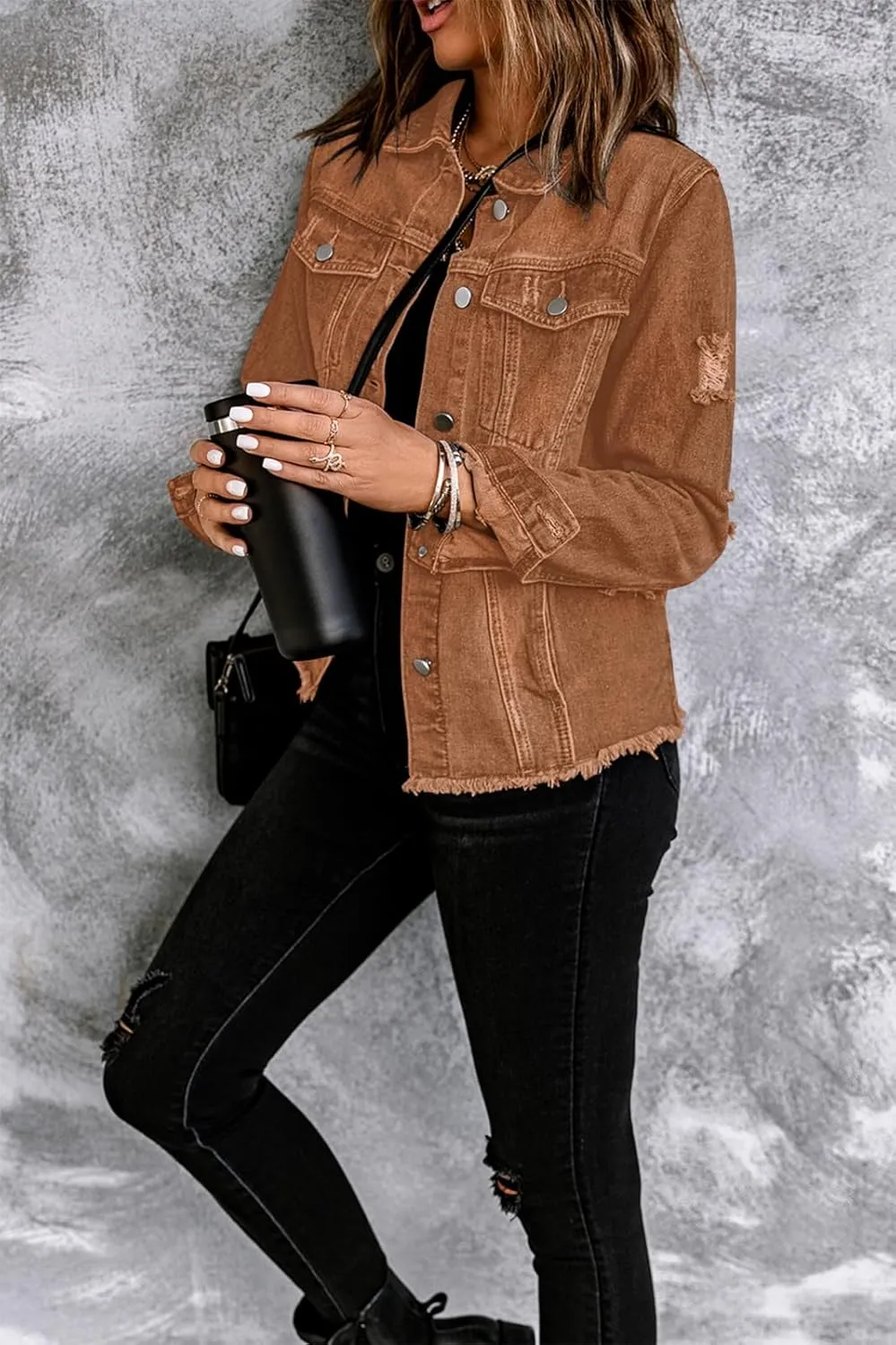 Necooer Women's Jean Jacket Distressed Washed Button Up Boyfriend Denim Jacket Coat With Pockets