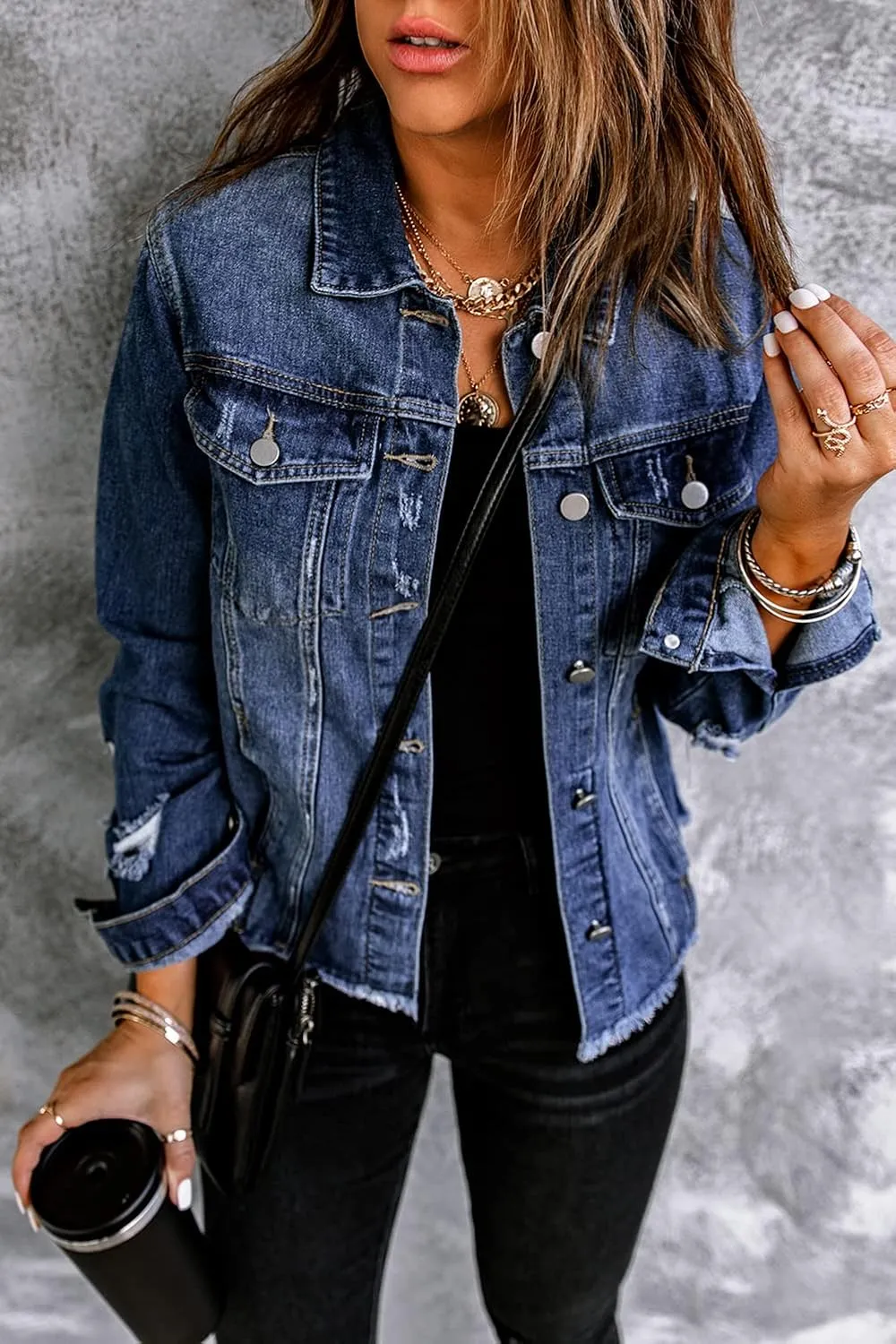 Necooer Women's Jean Jacket Distressed Washed Button Up Boyfriend Denim Jacket Coat With Pockets