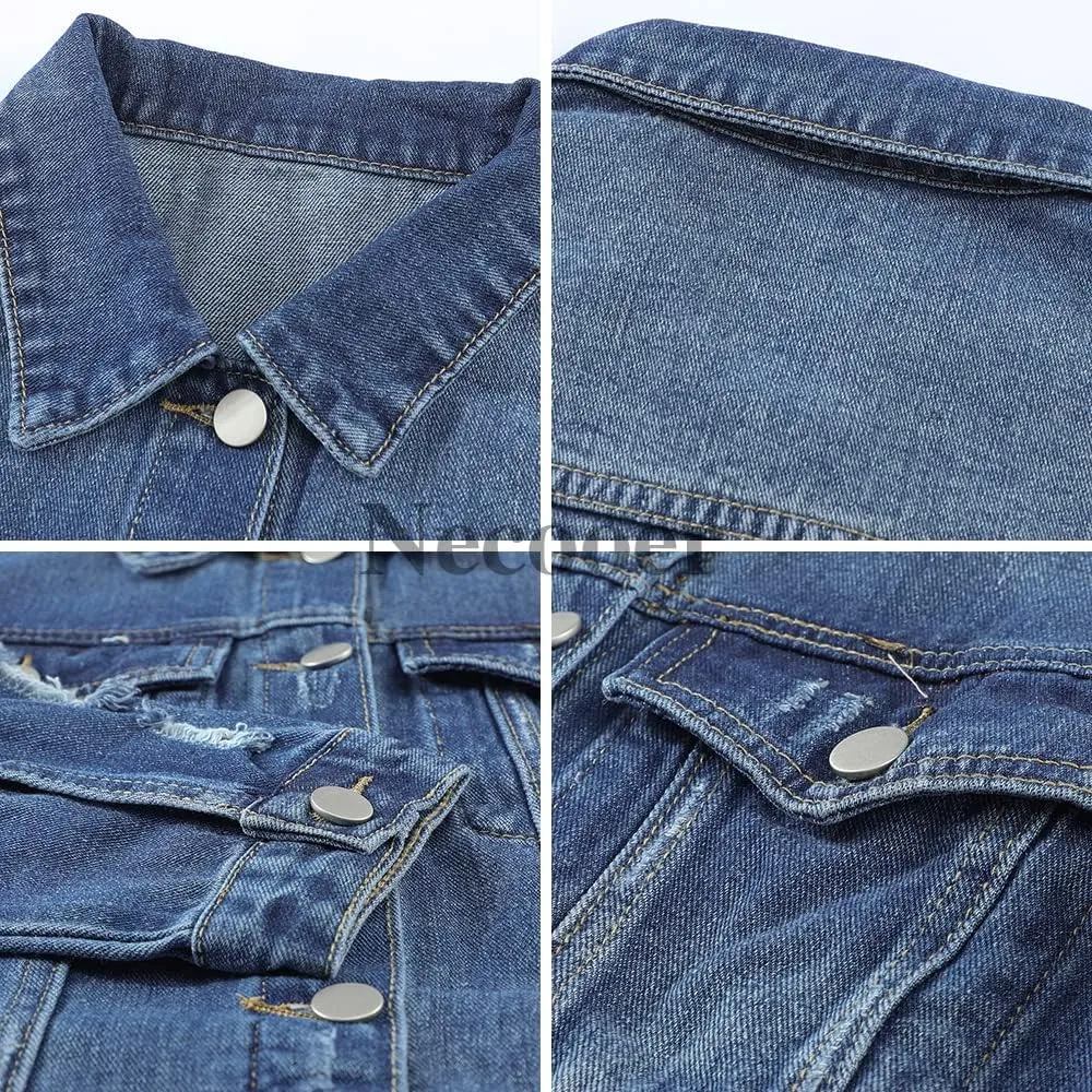 Necooer Women's Jean Jacket Distressed Washed Button Up Boyfriend Denim Jacket Coat With Pockets