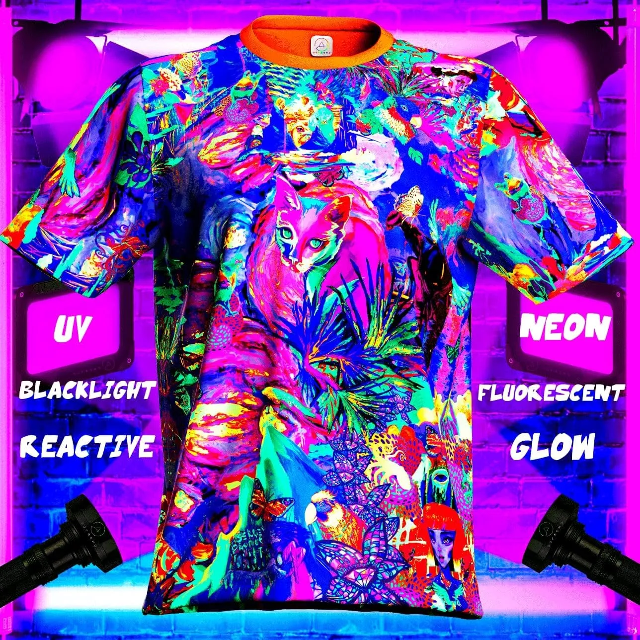 Neon UV Glow Blacklight Designed Handmade Art Shirt Printed Short Sleeve Sport Workout Exercise Boy Guy Unisex Men T-Shirt