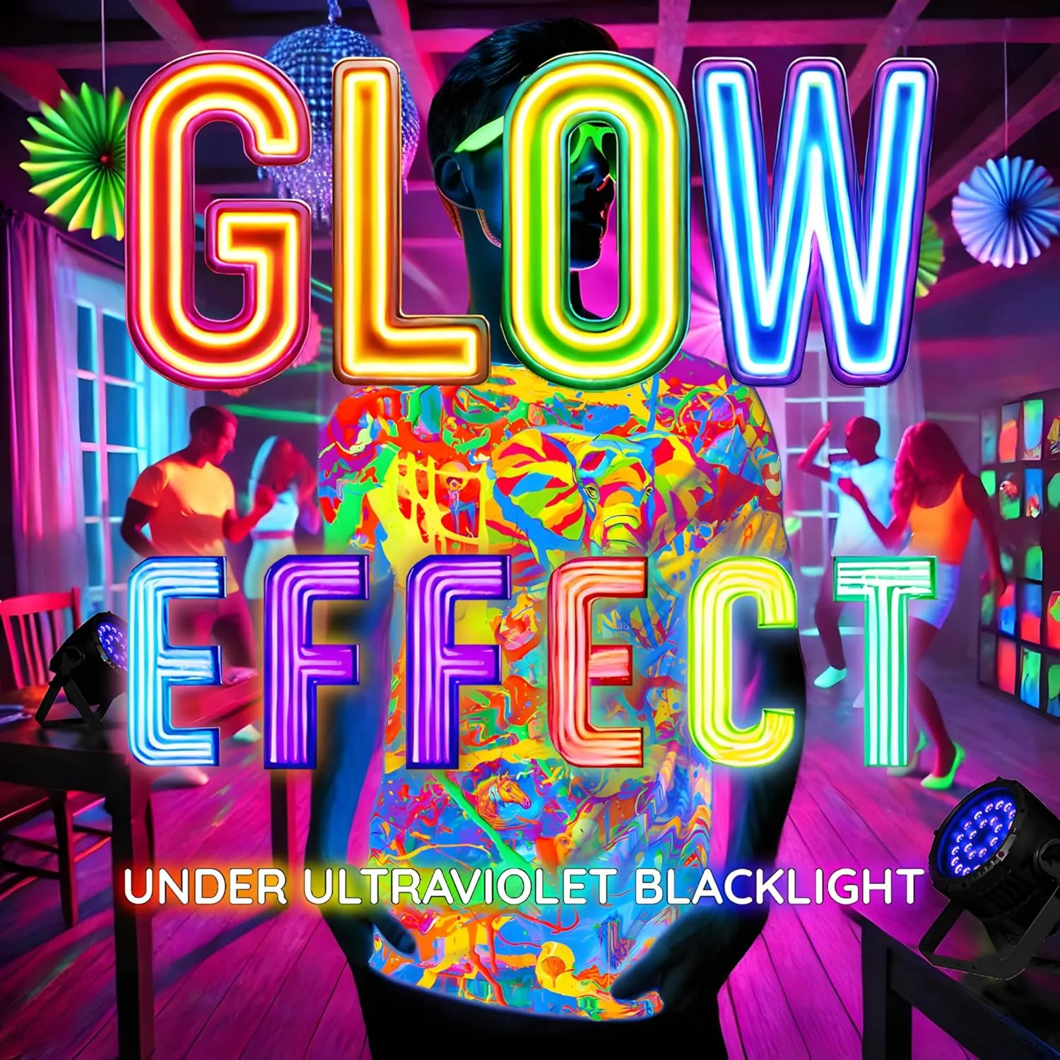 Neon UV Glow Blacklight Designed Handmade Art Shirt Printed Short Sleeve Sport Workout Exercise Boy Guy Unisex Men T-Shirt