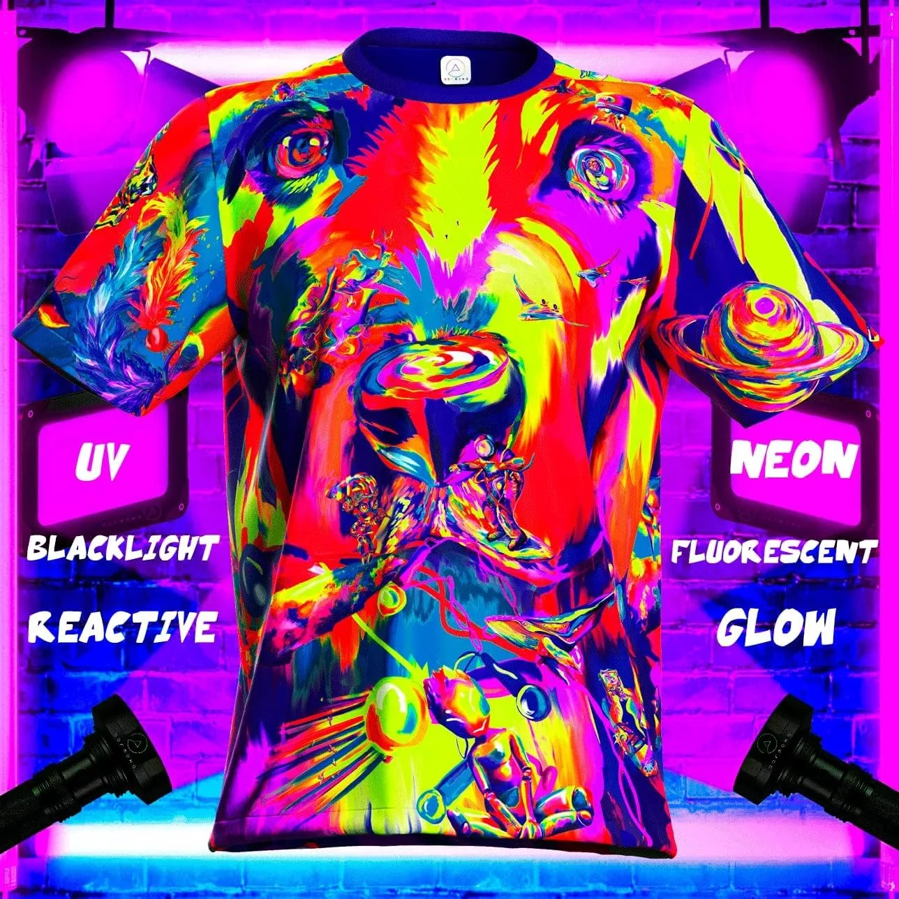 Neon UV Glow Blacklight Designed Handmade Art Shirt Printed Short Sleeve Sport Workout Exercise Boy Guy Unisex Men T-Shirt