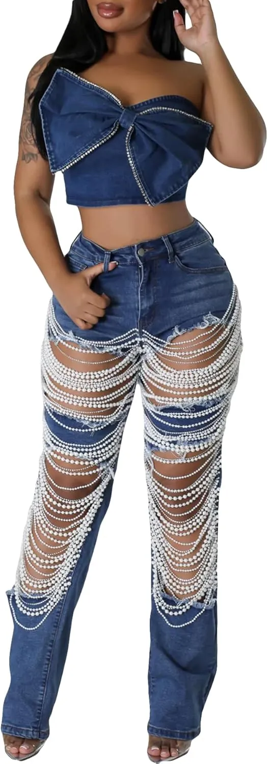 NRTHYE Womens High Waist Ripped Jeans Sexy Pearl Chains Rhinestones Straight Leg Stretch Distressed Denim Pants