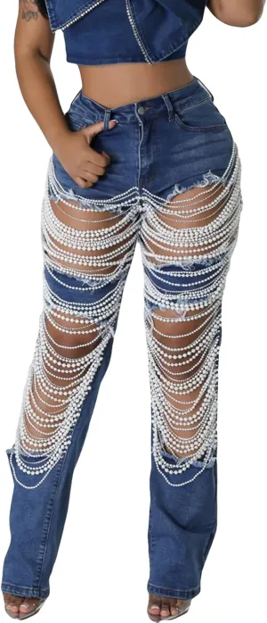 NRTHYE Womens High Waist Ripped Jeans Sexy Pearl Chains Rhinestones Straight Leg Stretch Distressed Denim Pants
