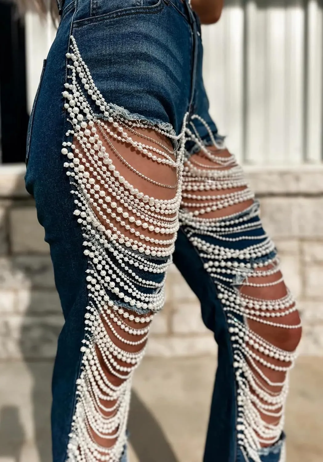 NRTHYE Womens High Waist Ripped Jeans Sexy Pearl Chains Rhinestones Straight Leg Stretch Distressed Denim Pants