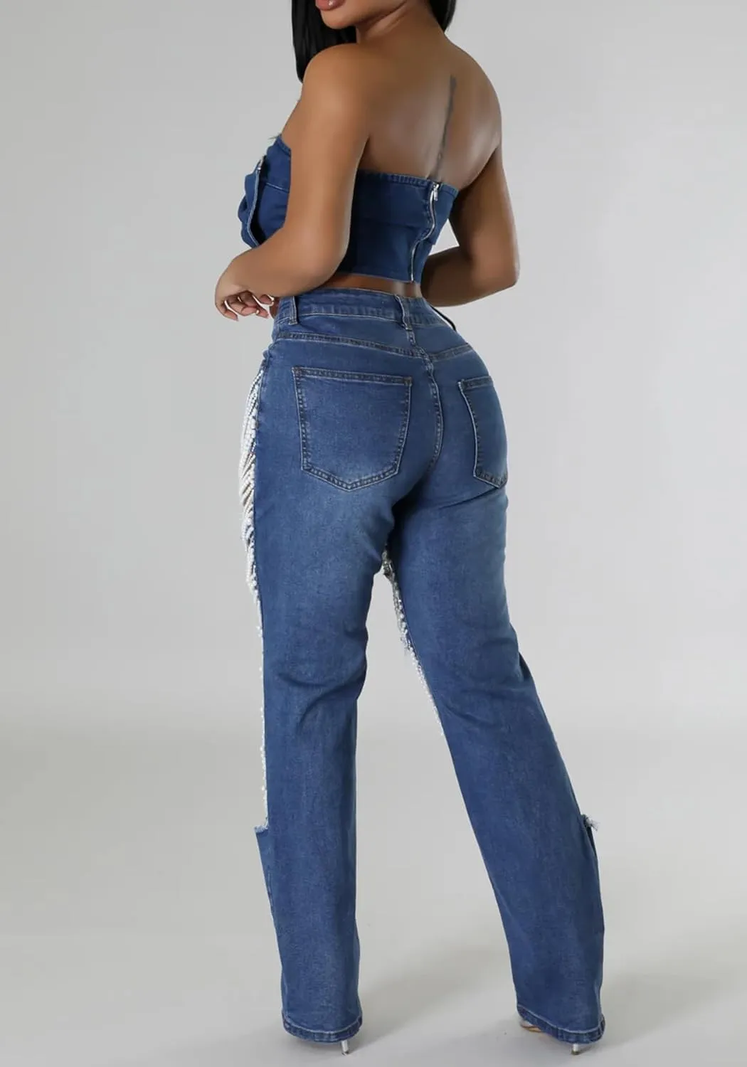 NRTHYE Womens High Waist Ripped Jeans Sexy Pearl Chains Rhinestones Straight Leg Stretch Distressed Denim Pants