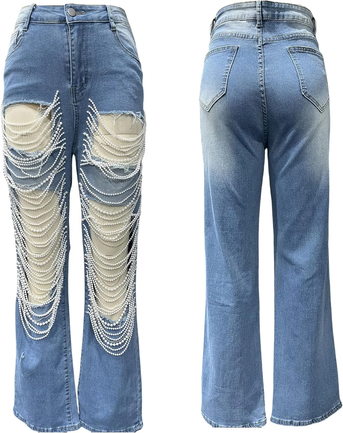 NRTHYE Womens High Waist Ripped Jeans Sexy Pearl Chains Rhinestones Straight Leg Stretch Distressed Denim Pants