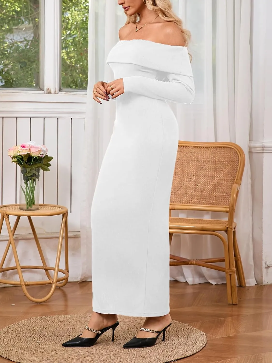 Off Shoulder Dresses for Women Bodycon Long Sleeve Cocktail Party Club Maxi Dresses with Slit
