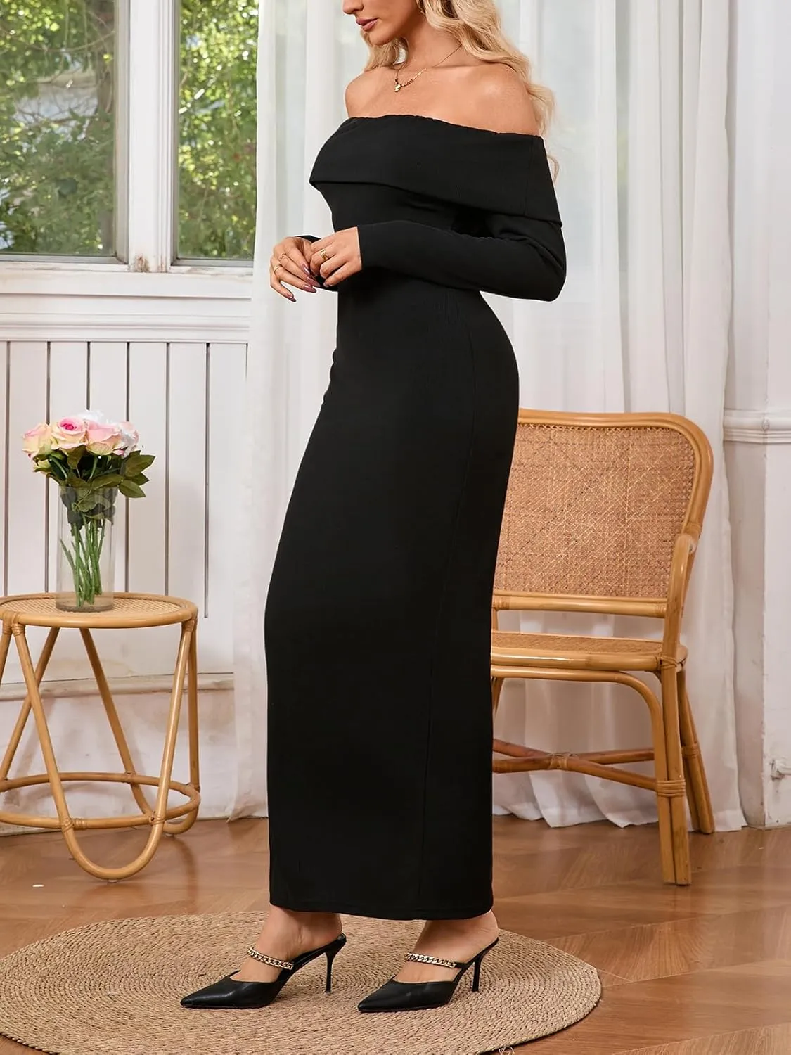 Off Shoulder Dresses for Women Bodycon Long Sleeve Cocktail Party Club Maxi Dresses with Slit