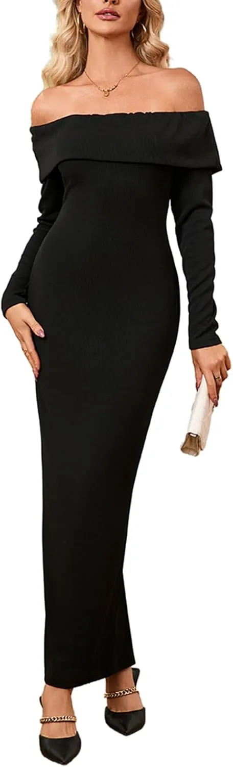 Off Shoulder Dresses for Women Bodycon Long Sleeve Cocktail Party Club Maxi Dresses with Slit