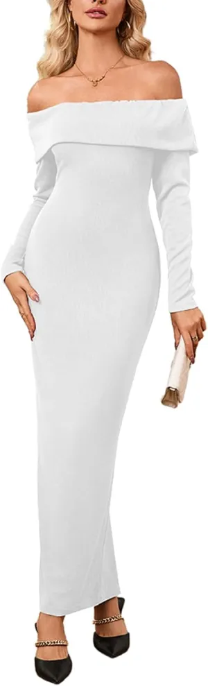 Off Shoulder Dresses for Women Bodycon Long Sleeve Cocktail Party Club Maxi Dresses with Slit