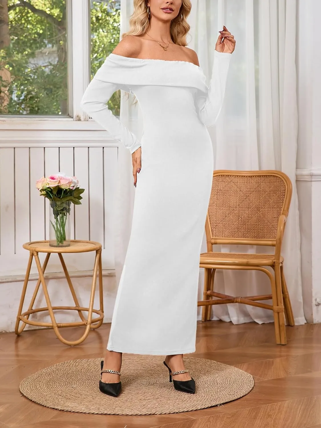 Off Shoulder Dresses for Women Bodycon Long Sleeve Cocktail Party Club Maxi Dresses with Slit