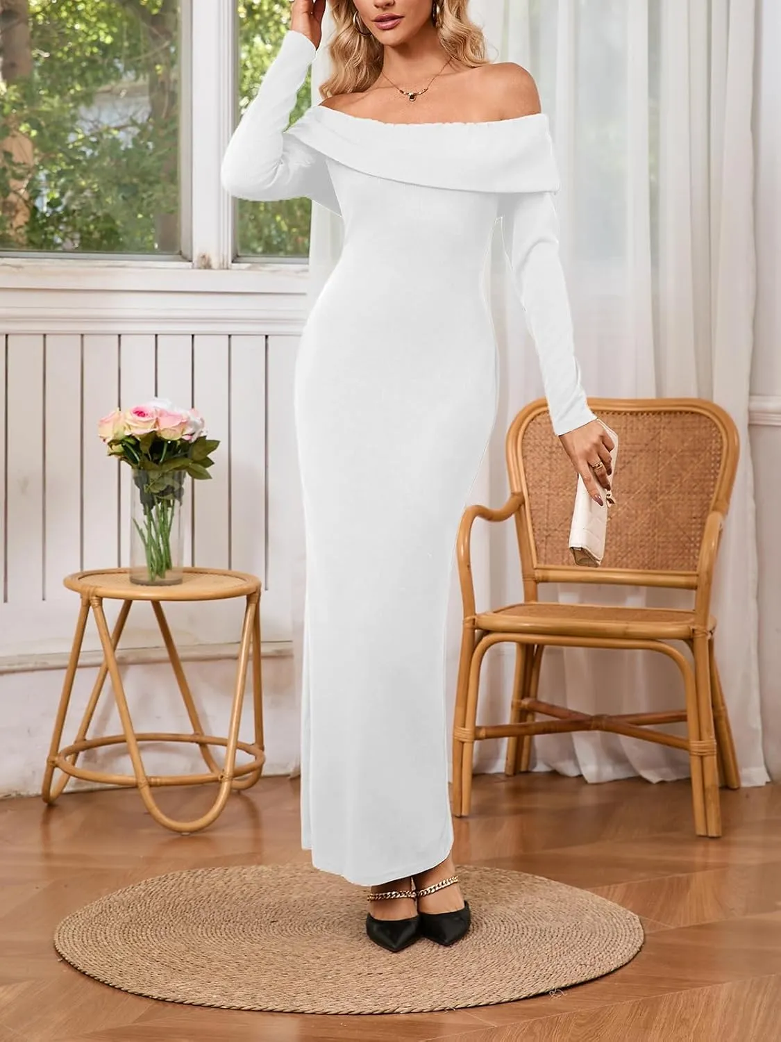 Off Shoulder Dresses for Women Bodycon Long Sleeve Cocktail Party Club Maxi Dresses with Slit