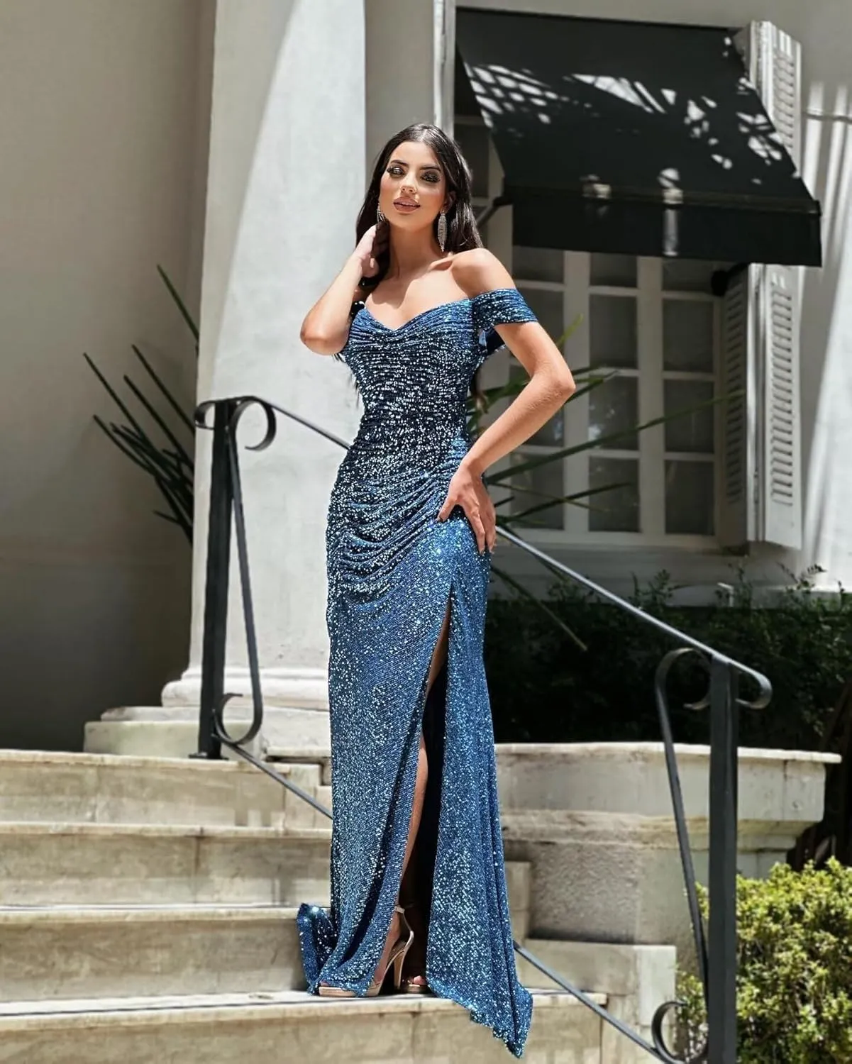Off Shoulder Sequin Prom Dresses for Women 2025 Sparkly Long Pleated Mermaid Formal Evening Gown with Slit
