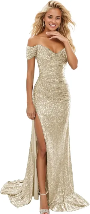 Off Shoulder Sequin Prom Dresses for Women 2025 Sparkly Long Pleated Mermaid Formal Evening Gown with Slit