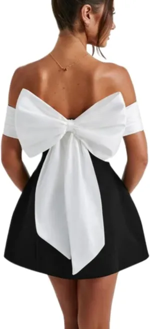 Off The Shoulder Bow Tie Dress - Puffy, Low Cut, Party & Bodycon Tube Dress (Medium)