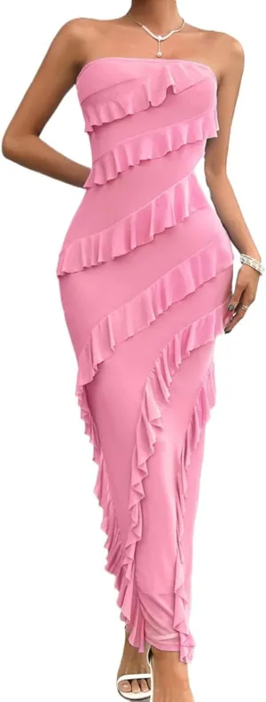 Off The Shoulder Dresses for Women 2024 Wedding Guest Dress Ruffle Bodycon Maxi Dress Prom Cocktail Party Evening