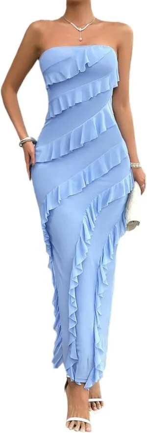 Off The Shoulder Dresses for Women 2024 Wedding Guest Dress Ruffle Bodycon Maxi Dress Prom Cocktail Party Evening
