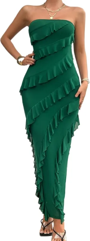 Off The Shoulder Dresses for Women 2024 Wedding Guest Dress Ruffle Bodycon Maxi Dress Prom Cocktail Party Evening