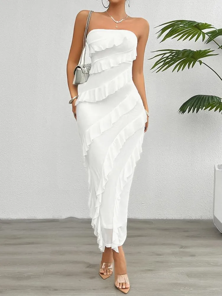 Off The Shoulder Dresses for Women 2024 Wedding Guest Dress Ruffle Bodycon Maxi Dress Prom Cocktail Party Evening