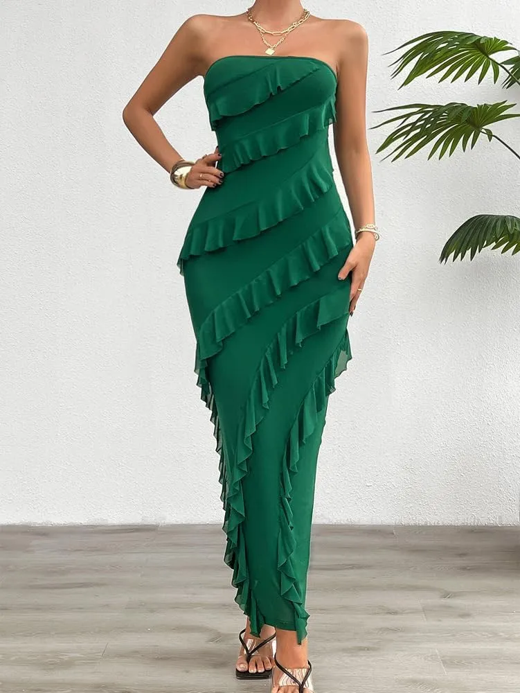 Off The Shoulder Dresses for Women 2024 Wedding Guest Dress Ruffle Bodycon Maxi Dress Prom Cocktail Party Evening