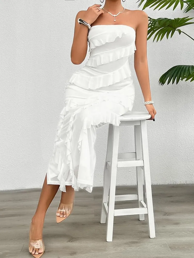 Off The Shoulder Dresses for Women 2024 Wedding Guest Dress Ruffle Bodycon Maxi Dress Prom Cocktail Party Evening