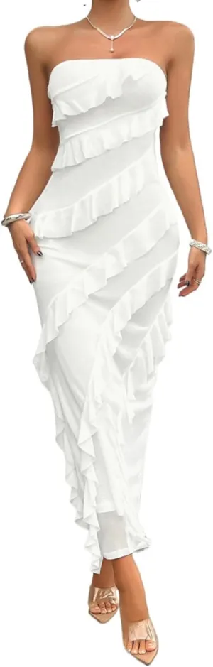 Off The Shoulder Dresses for Women 2024 Wedding Guest Dress Ruffle Bodycon Maxi Dress Prom Cocktail Party Evening