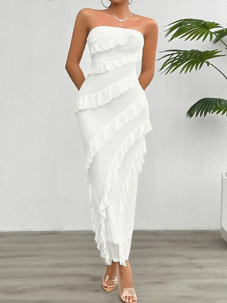 Off The Shoulder Dresses for Women 2024 Wedding Guest Dress Ruffle Bodycon Maxi Dress Prom Cocktail Party Evening