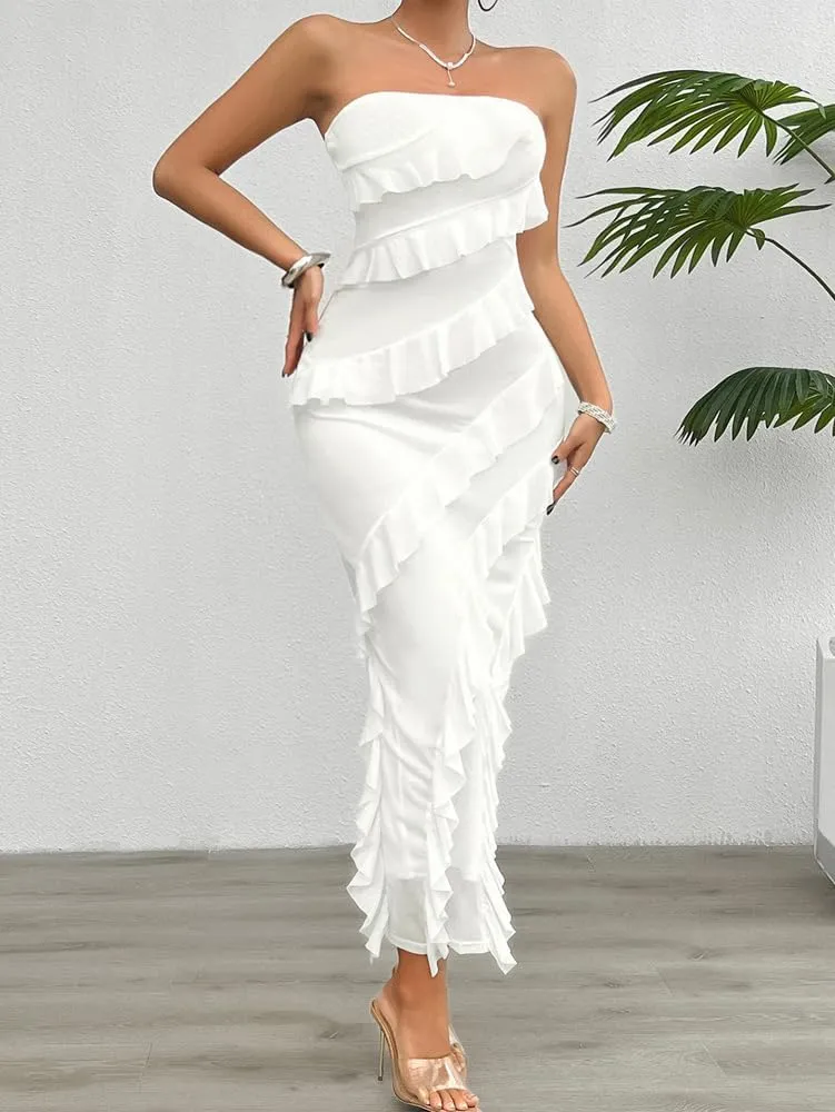 Off The Shoulder Dresses for Women 2024 Wedding Guest Dress Ruffle Bodycon Maxi Dress Prom Cocktail Party Evening