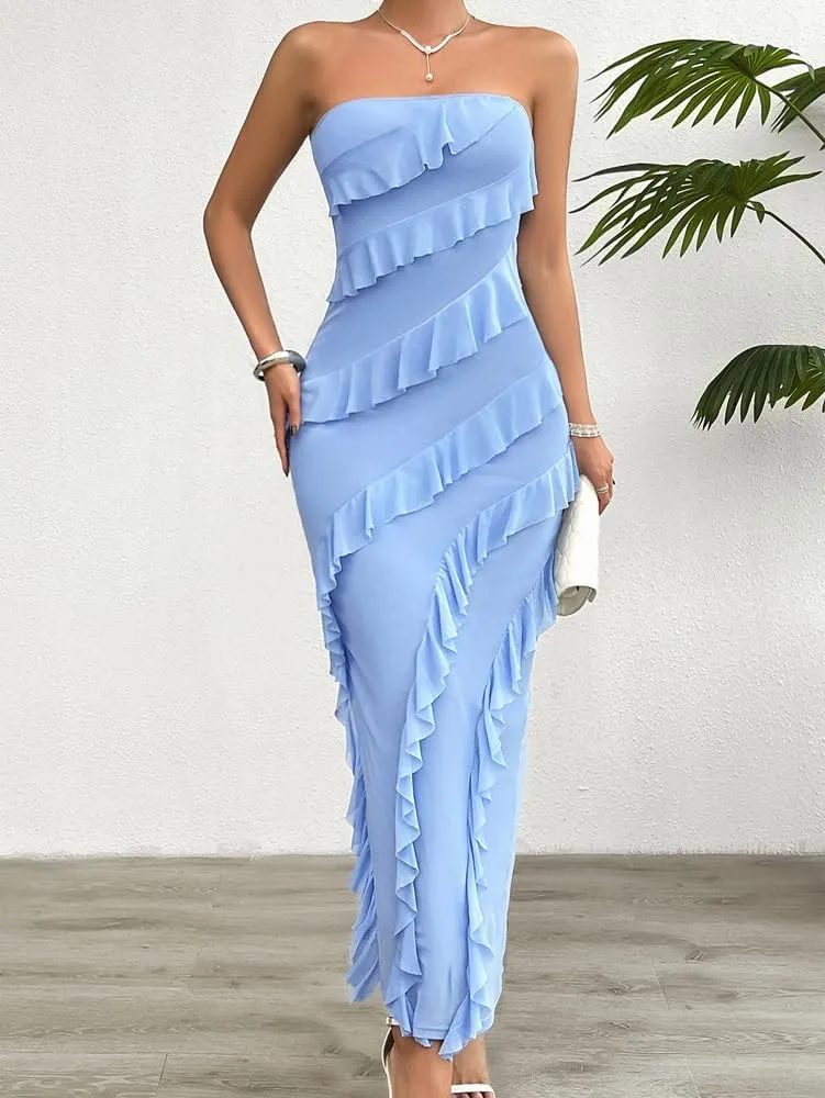 Off The Shoulder Dresses for Women 2024 Wedding Guest Dress Ruffle Bodycon Maxi Dress Prom Cocktail Party Evening