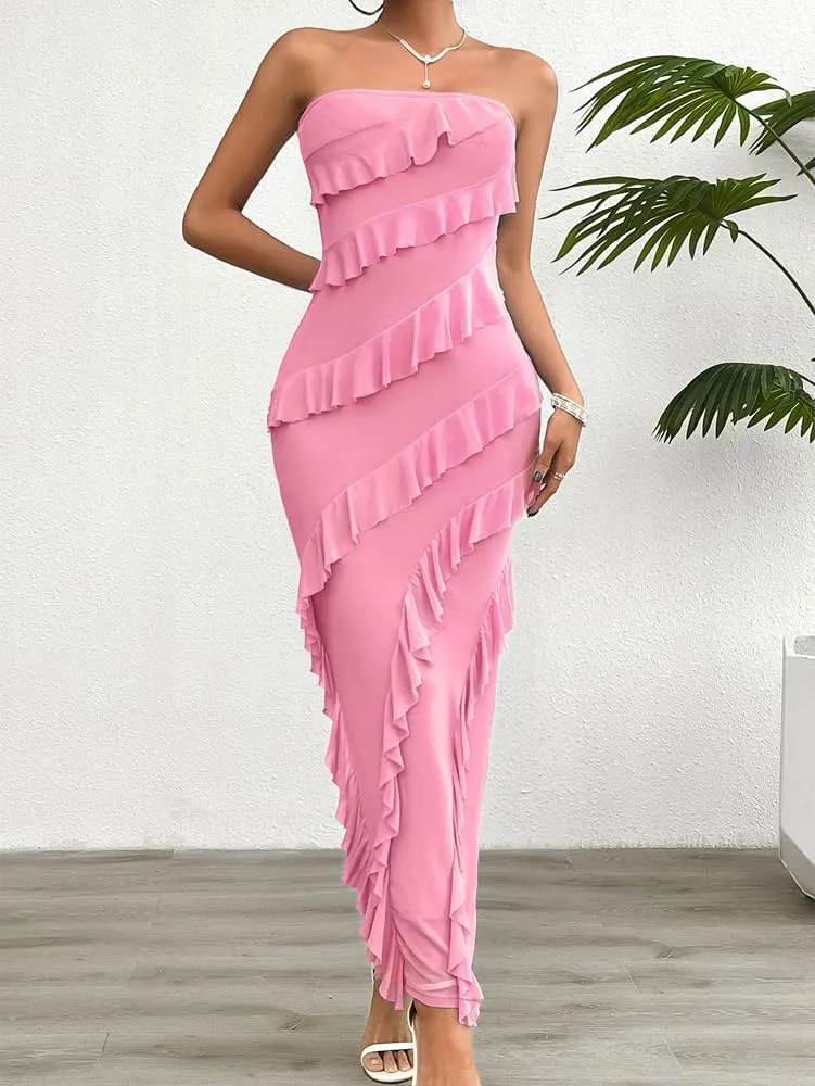 Off The Shoulder Dresses for Women 2024 Wedding Guest Dress Ruffle Bodycon Maxi Dress Prom Cocktail Party Evening