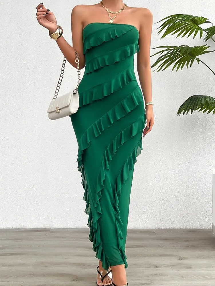 Off The Shoulder Dresses for Women 2024 Wedding Guest Dress Ruffle Bodycon Maxi Dress Prom Cocktail Party Evening