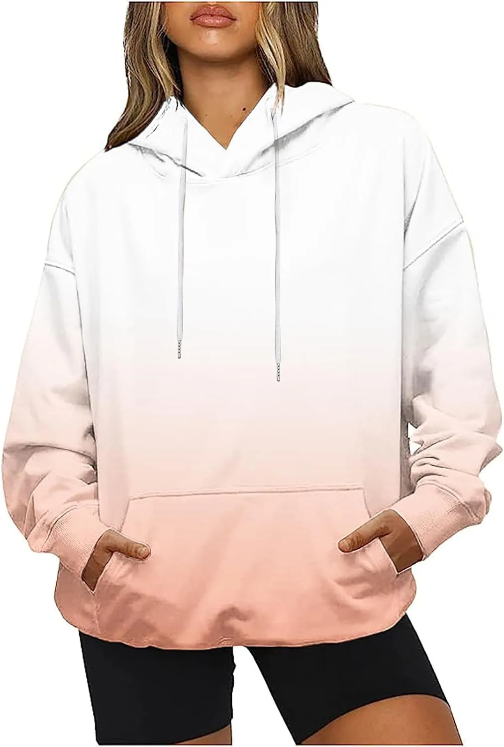 Oversized Sweatshirt For Women Tie Dye Crewneck Drawstring Pullover Hoodie Long Sleeve Gradient Color Block Tops
