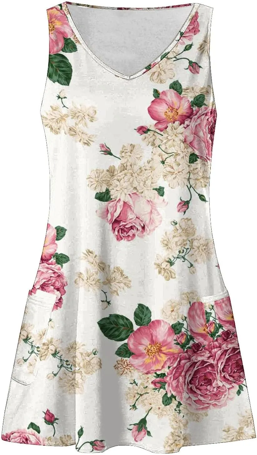 Plus Size Boho Dress Women's Spring/Summer Flower Printed Casual Tank Top Pockets Beach Casual Dress Cotton Midi
