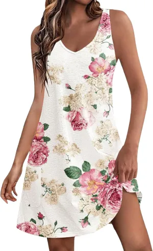 Plus Size Boho Dress Women's Spring/Summer Flower Printed Casual Tank Top Pockets Beach Casual Dress Cotton Midi