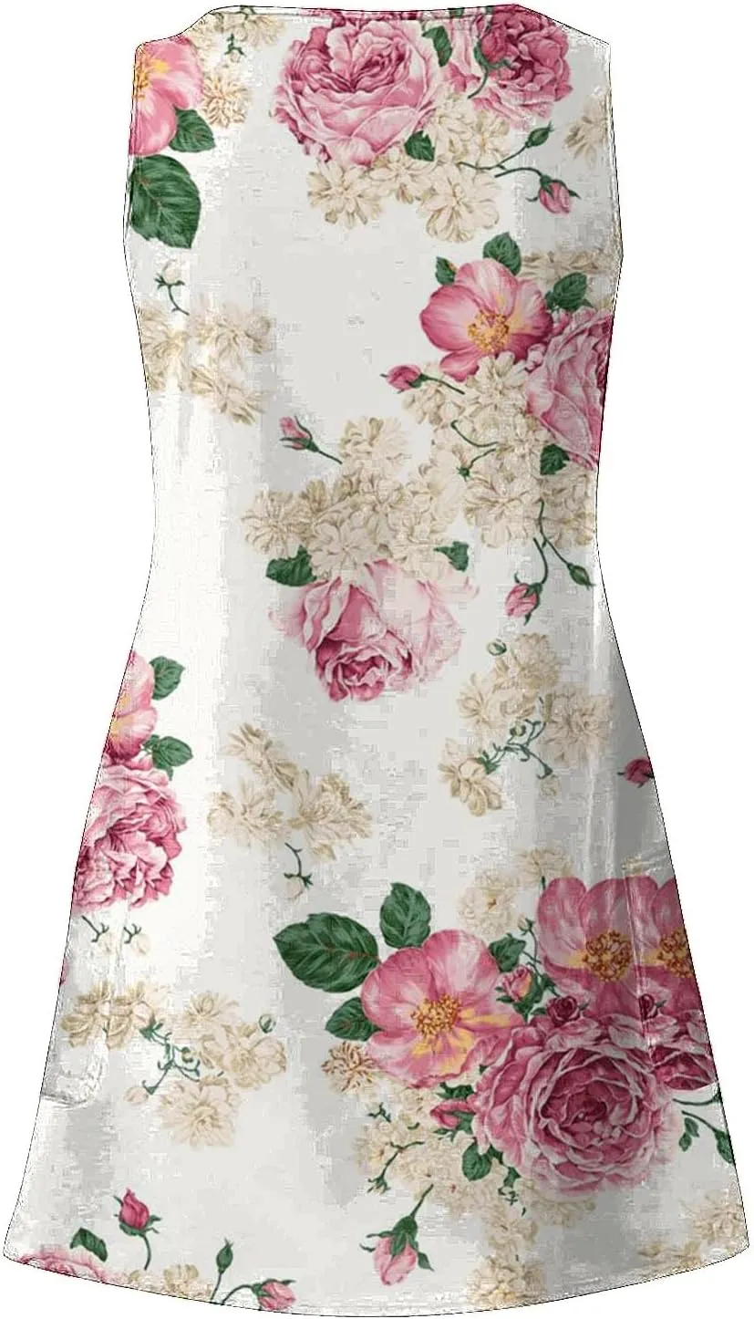 Plus Size Boho Dress Women's Spring/Summer Flower Printed Casual Tank Top Pockets Beach Casual Dress Cotton Midi